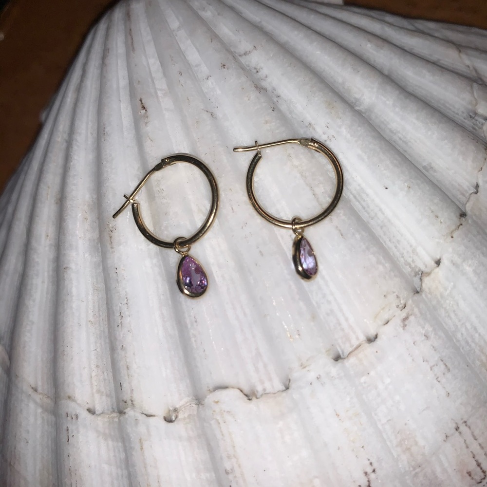 14kt Gold Small Hoops with Topaz - Picture 2 of 5